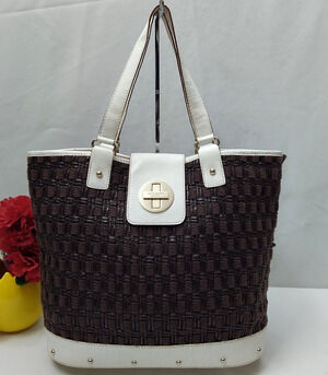 Kate Spade New York Brown Woven White Leather Turnlock Tote Bag